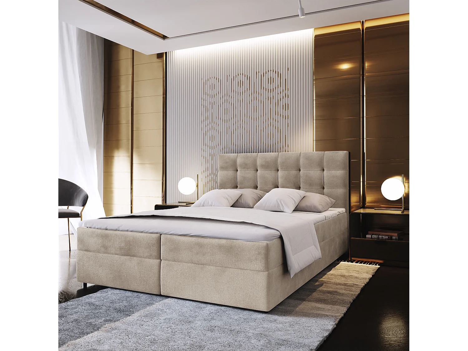 Lit continental GLOS, 160x200 cm, Tissu pelucheux, Beige