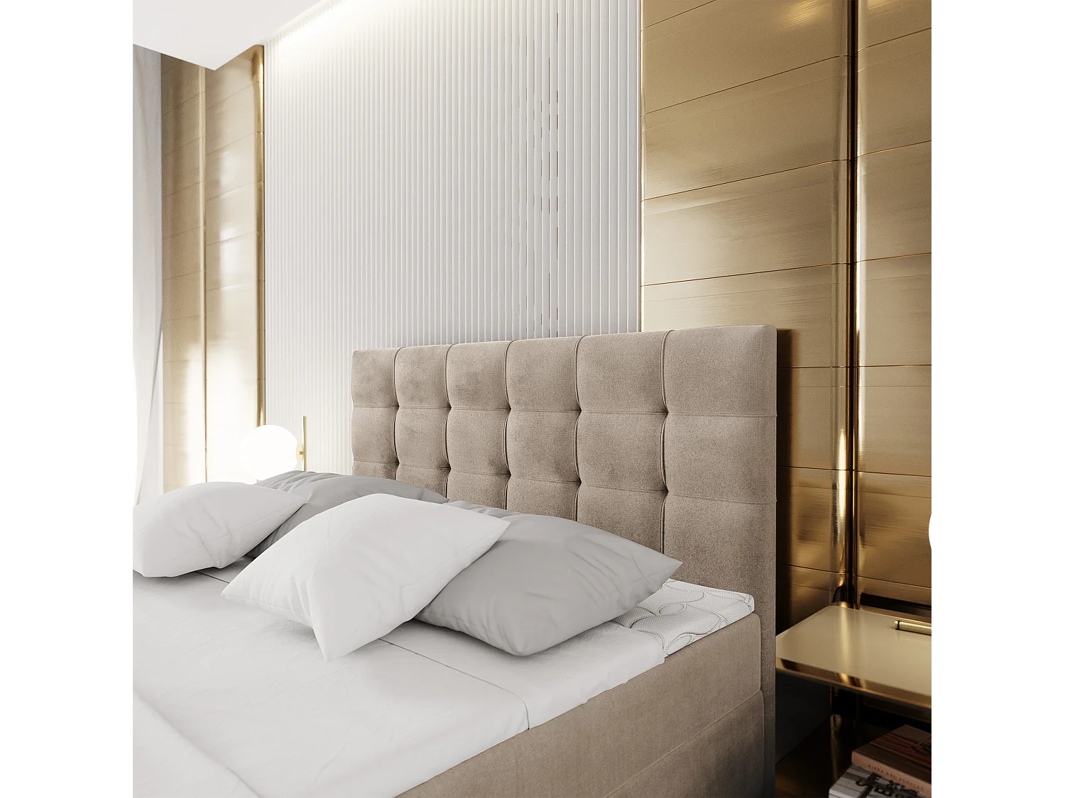 Lit continental GLOS, 160x200 cm, Tissu pelucheux, Beige