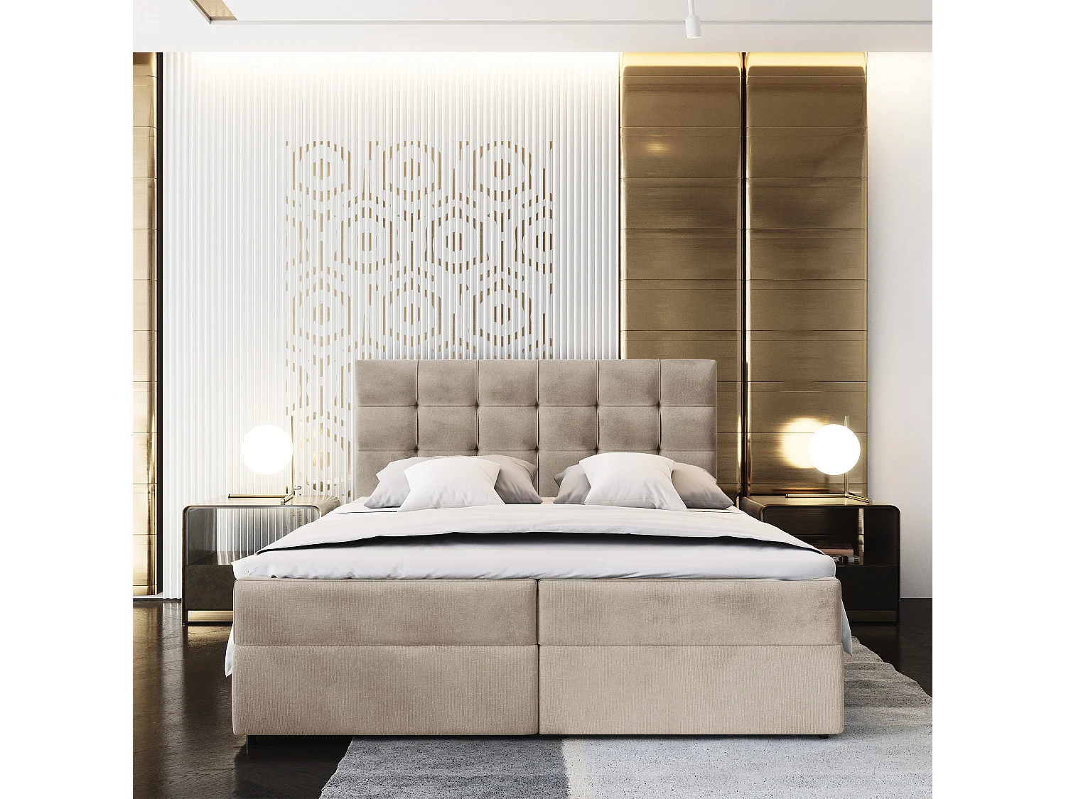 Lit continental GLOS, 160x200 cm, Tissu pelucheux, Beige