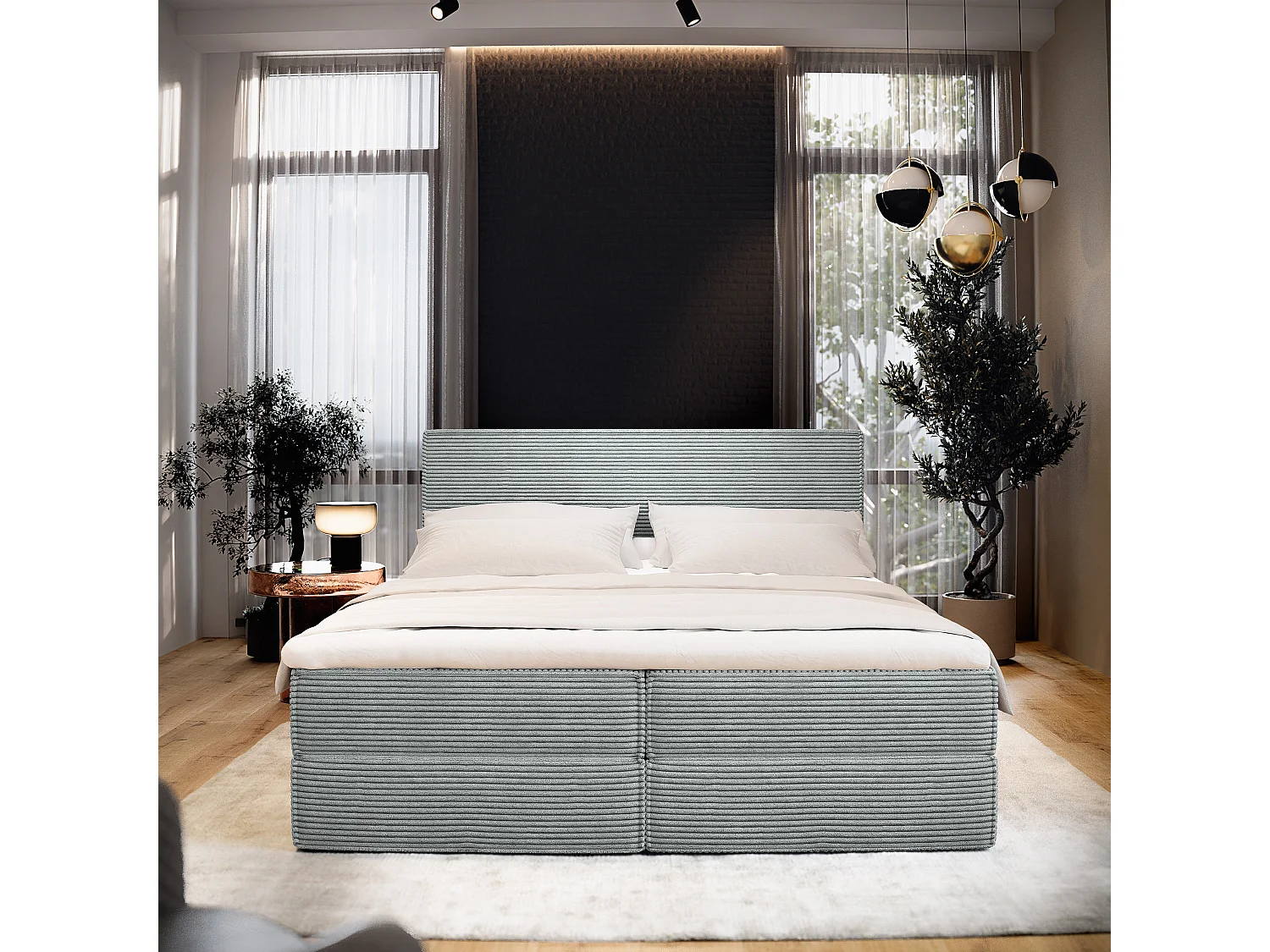 Boxspringbed PELLIO 180x200 cm Set met hoofdbord, bedbodem en matras, Lichtgrijs