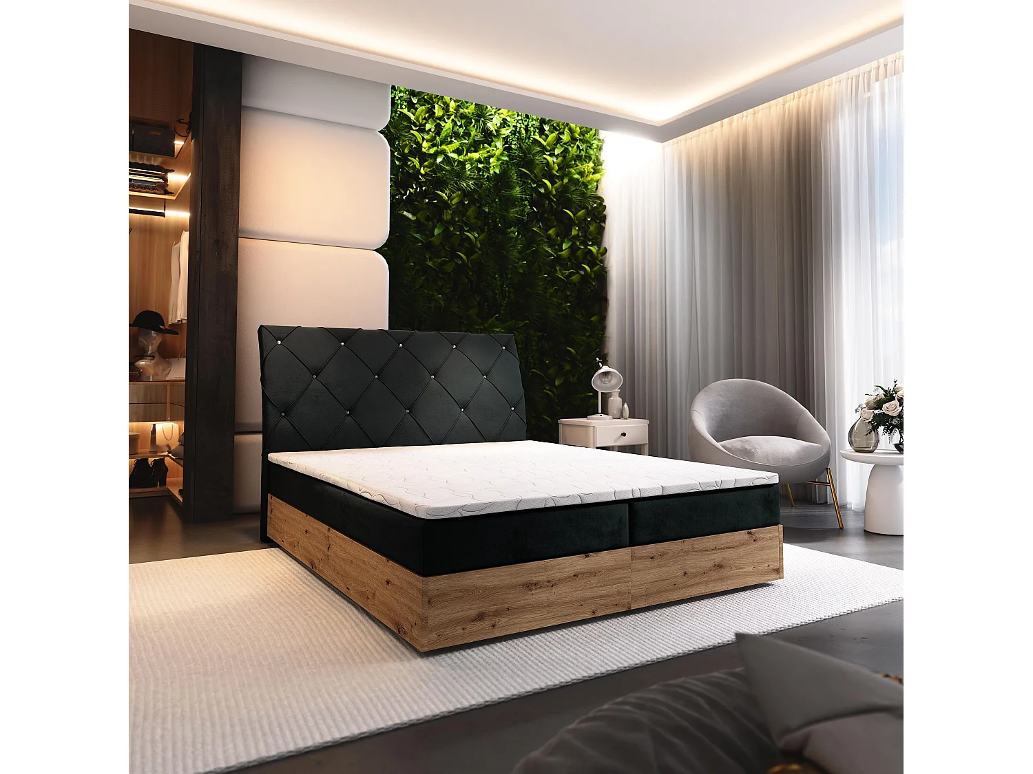 Lit continental VELLANO, 160x200 cm, Tissu pelucheux, Noir