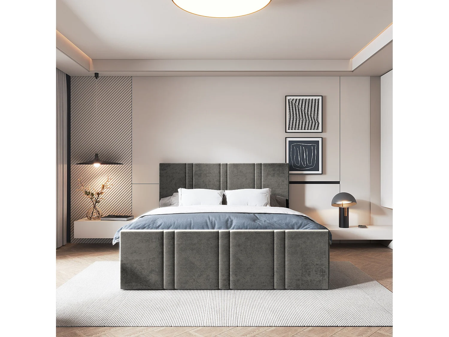 Lit continental COMOZA, 140x200 cm, Tissu pelucheux, Gris