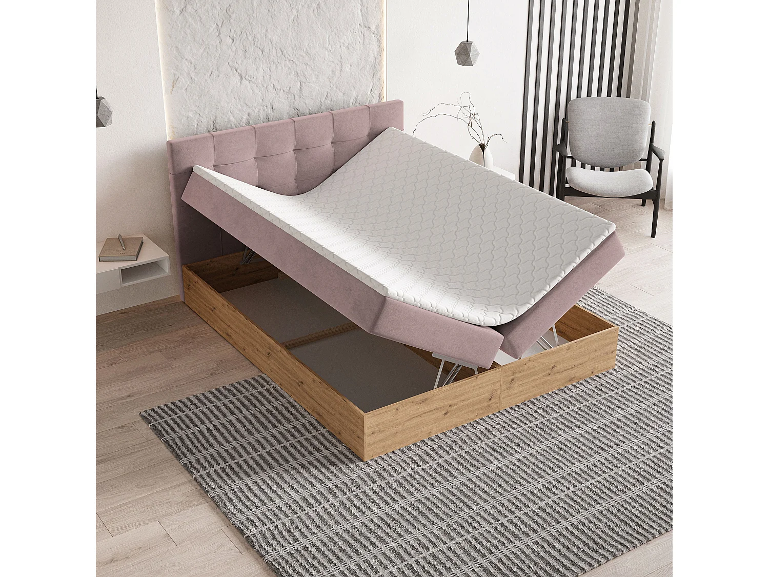 Lit continental MOLVEN, 180x200 cm, Tissu tressé, Rose