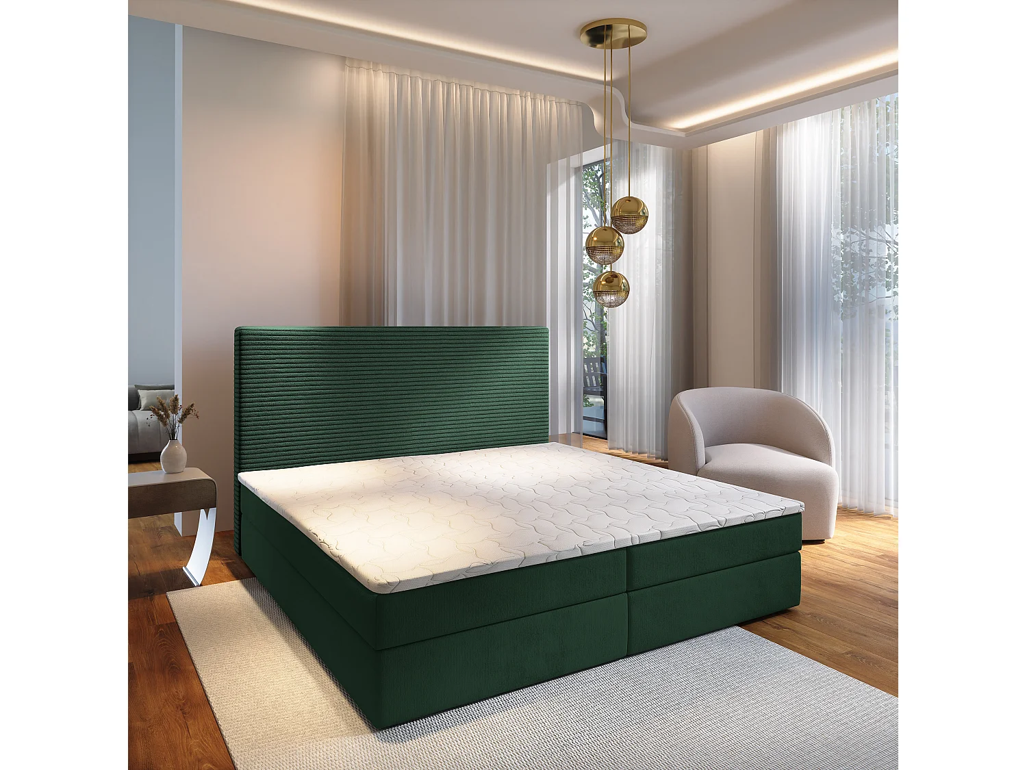Boxspringbed GIARRO 140x200 cm Set met hoofdbord, bedbodem en matras, Dennengroen