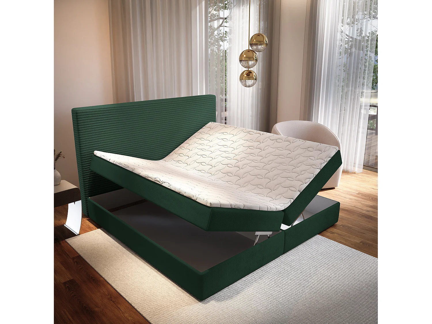 Boxspringbed GIARRO 140x200 cm Set met hoofdbord, bedbodem en matras, Dennengroen