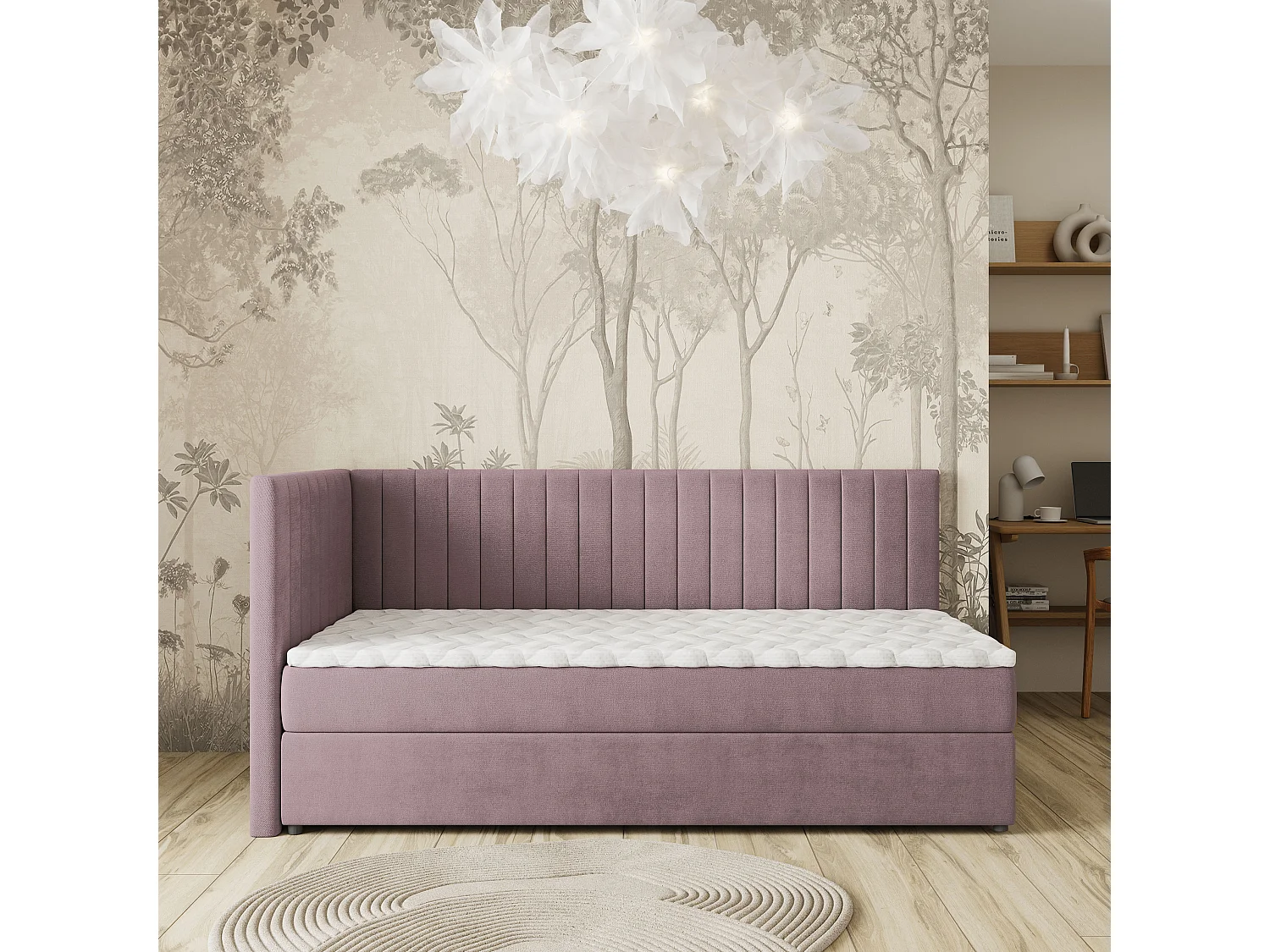 Lit boxspring ARIS 100x200 cm avec tête de lit, sommier et matelas, Rose poudré