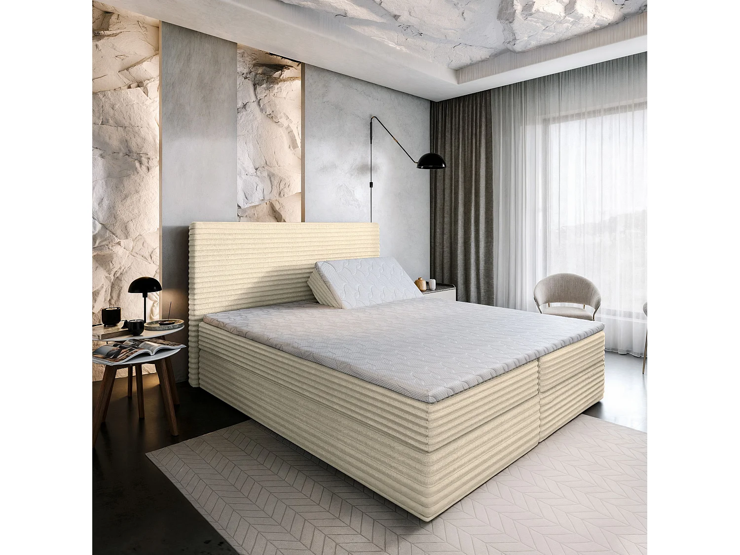 Boxspringbed MILARA 160x200 cm Set met hoofdbord, bedbodem en matras, Crème