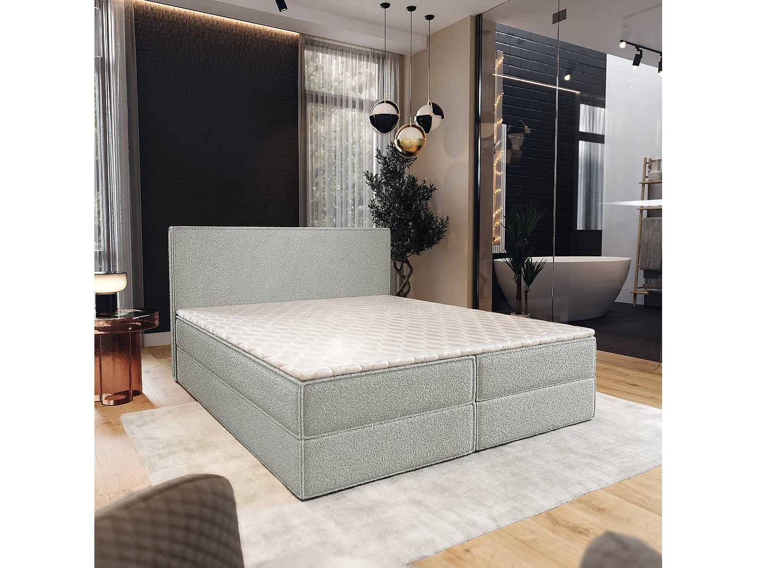 Boxspringbed PELLIO 160x200 cm Set met hoofdbord, bedbodem en matras, Lichtgrijs