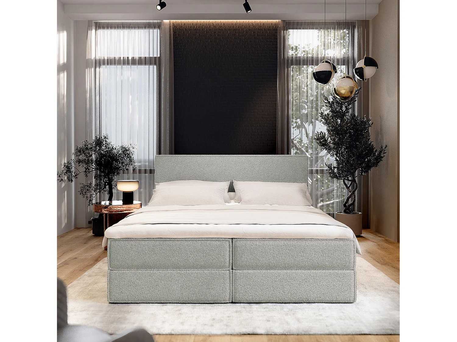 Boxspringbed PELLIO 160x200 cm Set met hoofdbord, bedbodem en matras, Lichtgrijs