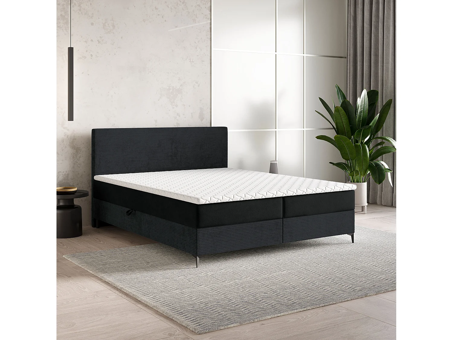 Lit continental TORREL, 160x200 cm, Tissu pelucheux, Noir