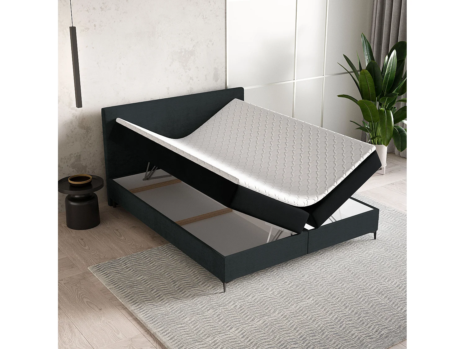 Lit continental TORREL, 160x200 cm, Tissu pelucheux, Noir