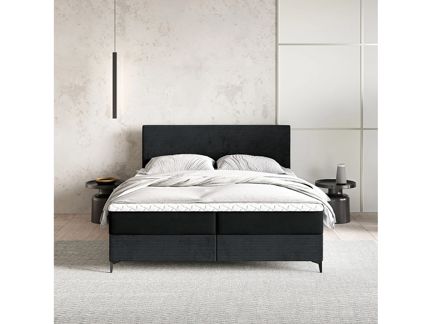 Lit continental TORREL, 160x200 cm, Tissu pelucheux, Noir