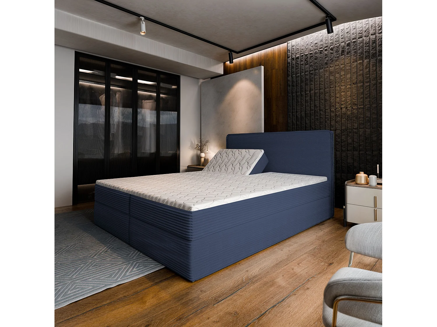 Lit continental ASTOR, 160x200 cm, Tissu en velours côtelé, Bleu