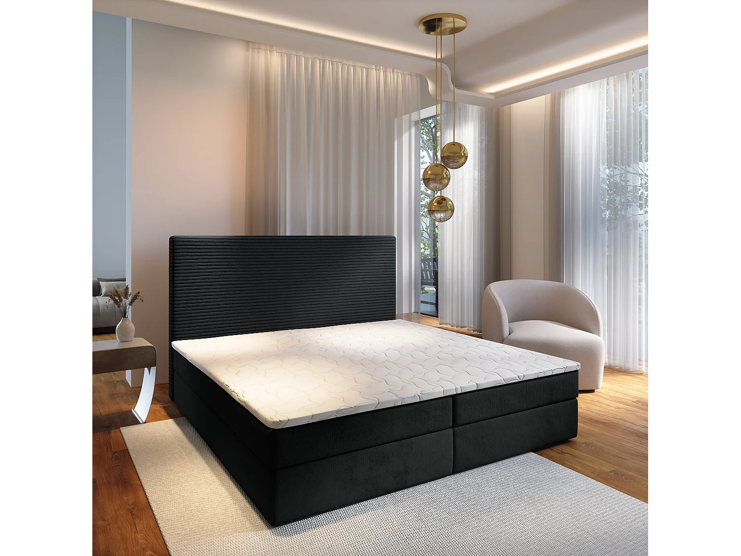 Boxspringbed GIARRO 140x200 cm Set met hoofdbord, bedbodem en matras, Zwart