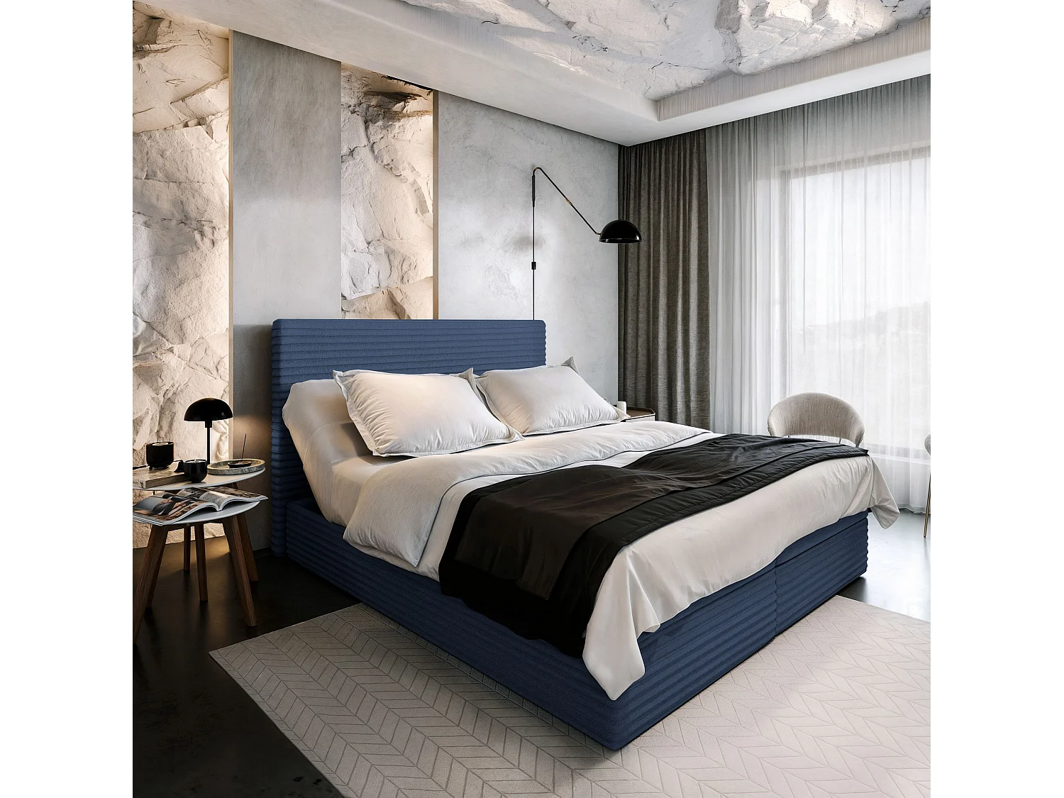 Boxspringbed MILARA 160x200 cm Set met hoofdbord, bedbodem en matras, Blauw