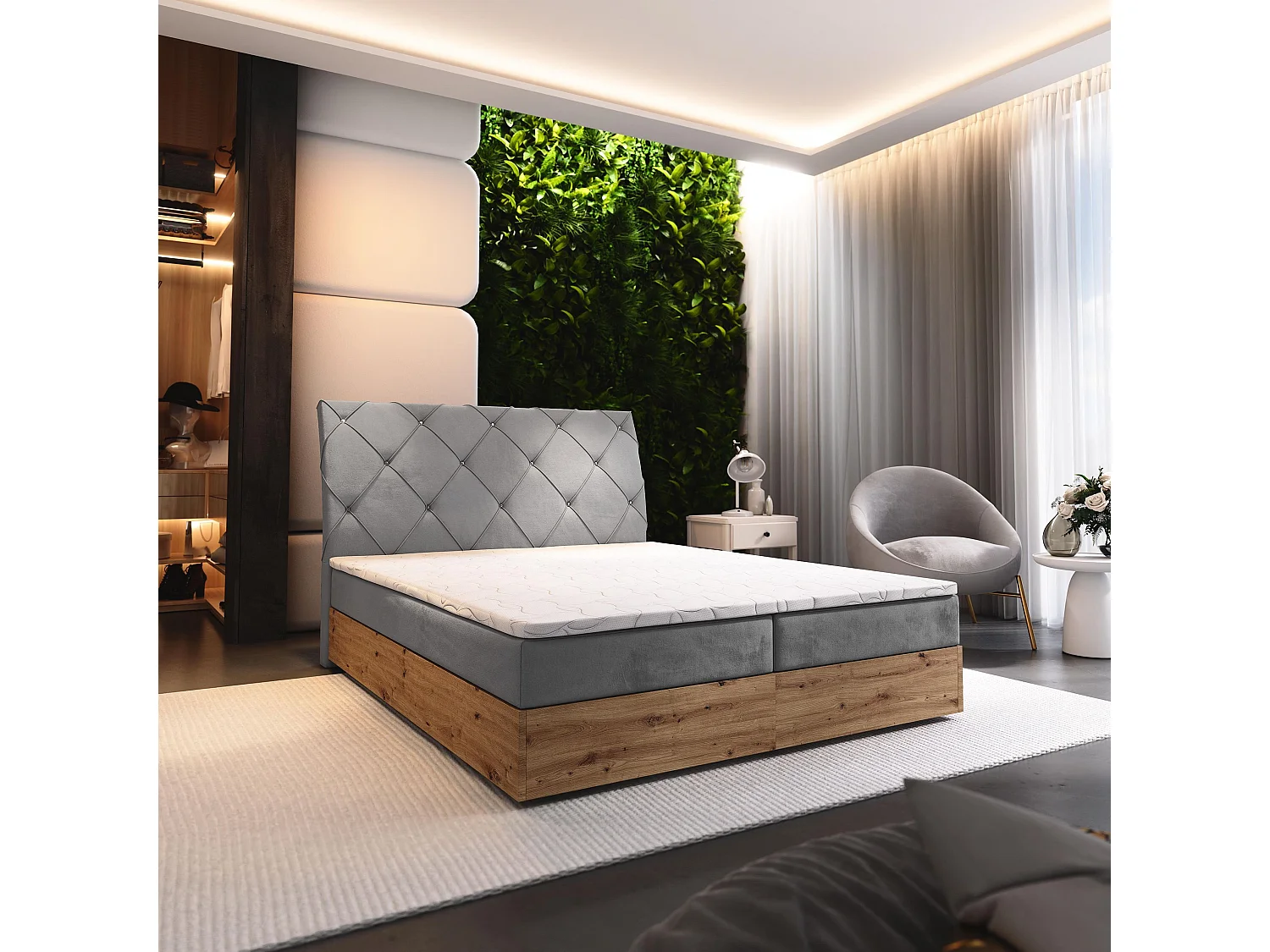 Boxspringbed VELLANO 140x200 cm Set met hoofdbord, bedbodem en matras, Lichtgrijs