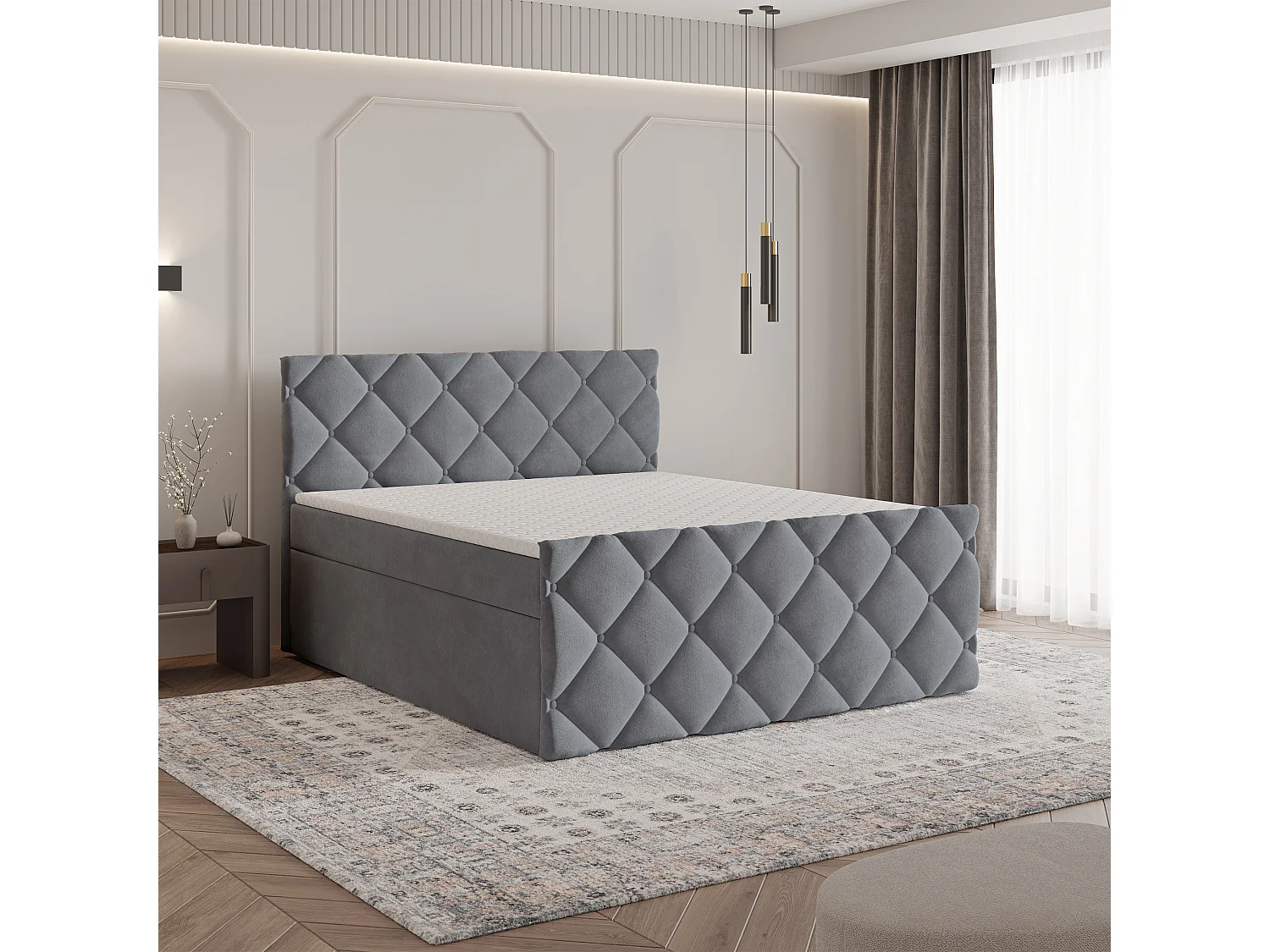 Lit continental ROVARI, 180x200 cm, Tissu pelucheux, Gris