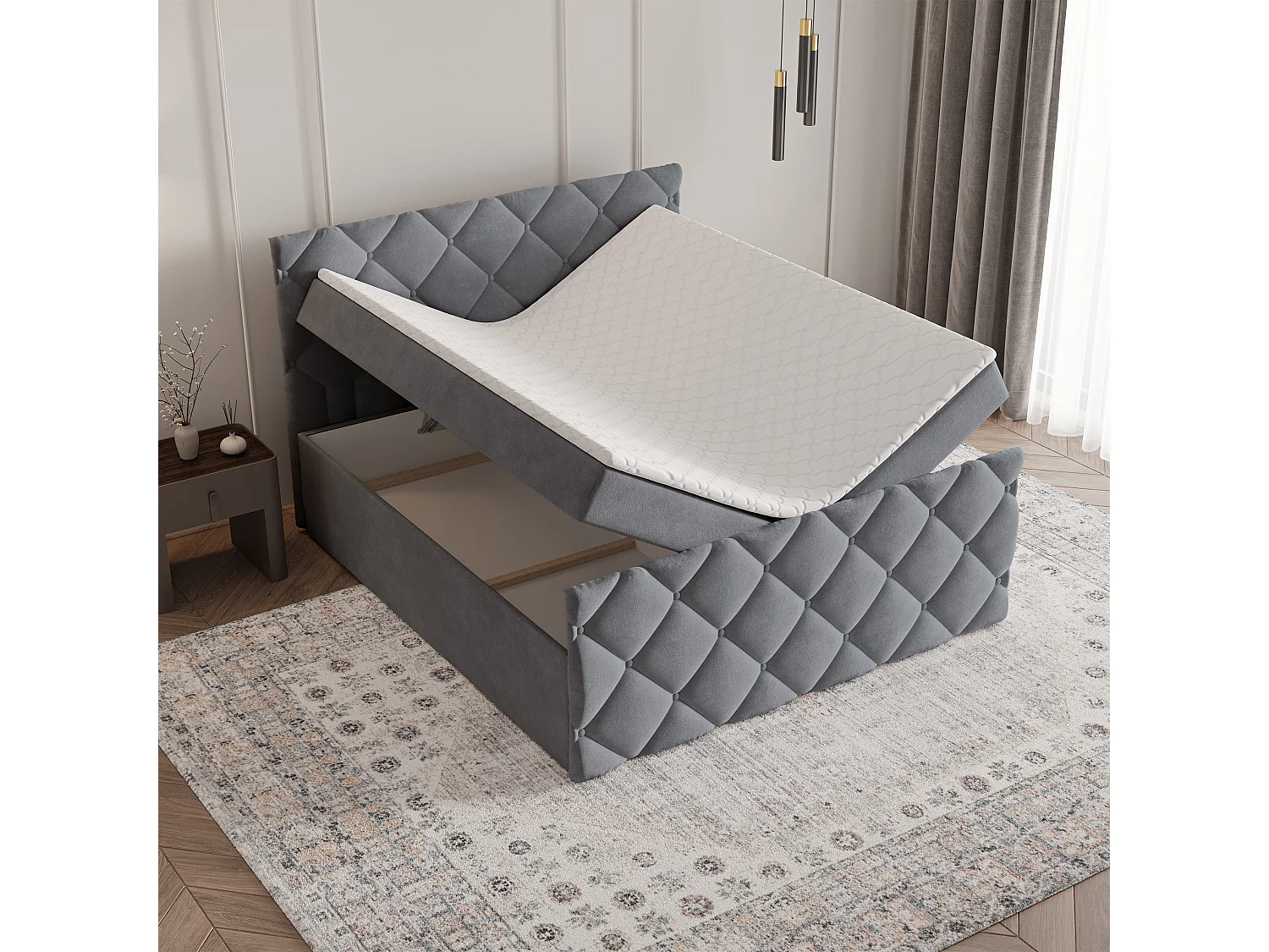 Lit continental ROVARI, 180x200 cm, Tissu pelucheux, Gris