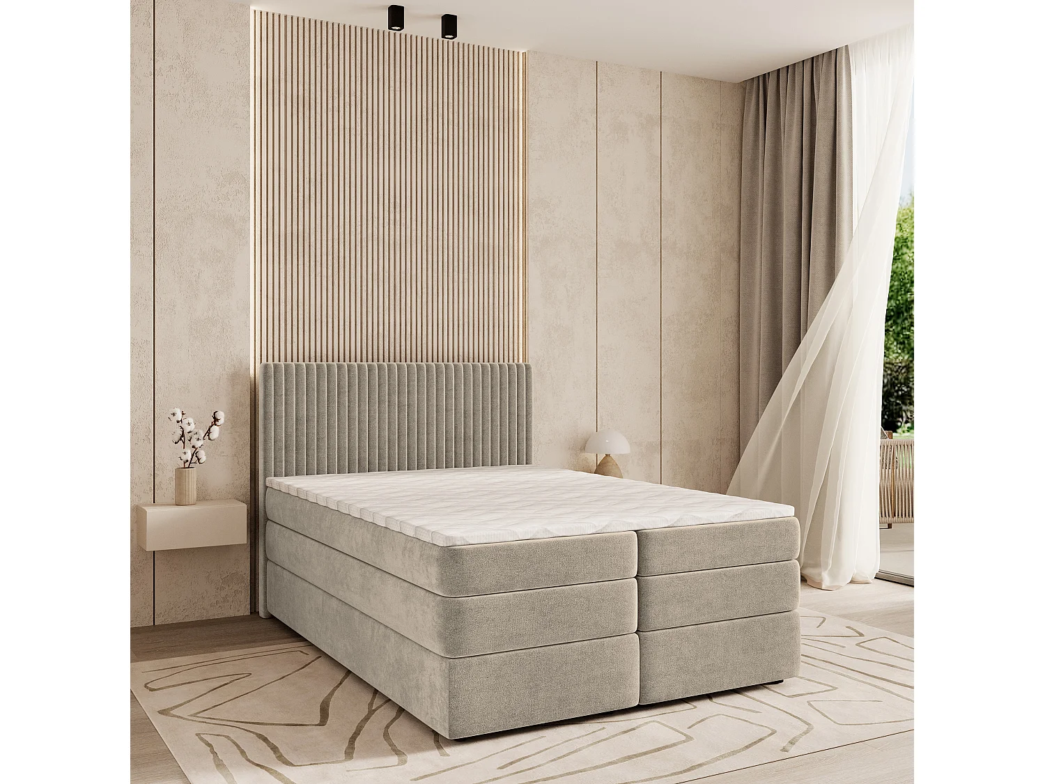Boxspringbed FELBIO 160x200 cm Set met hoofdbord, bedbodem en matras, Beige