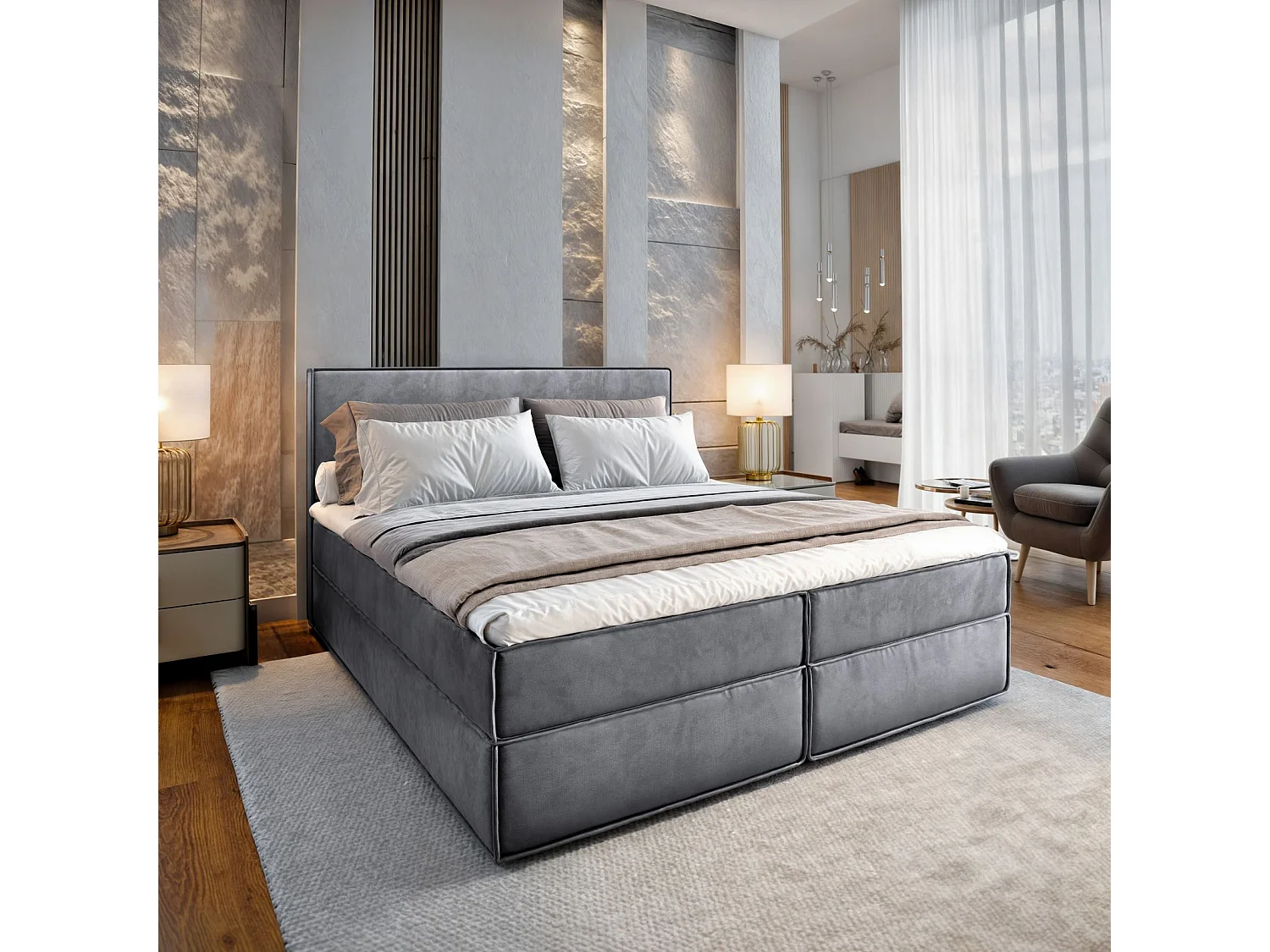 Lit continental PELLIO, 160x200 cm, Tissu velours, Gris