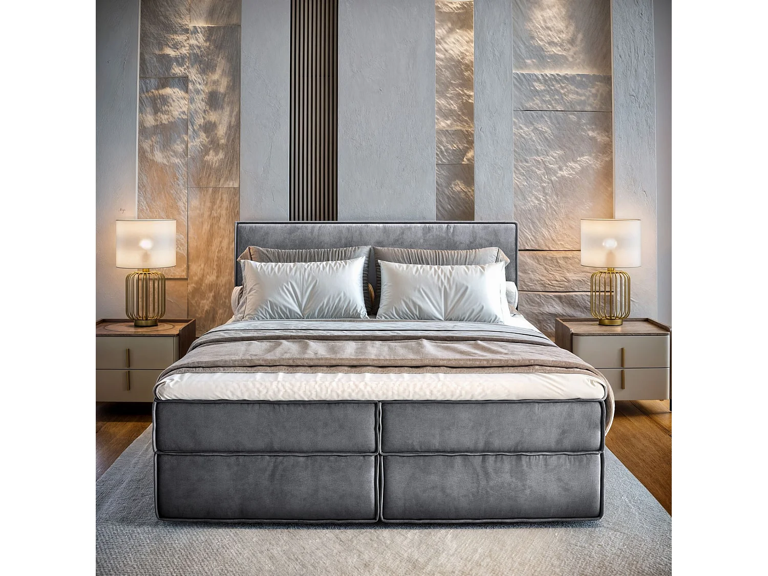 Lit continental PELLIO, 160x200 cm, Tissu velours, Gris