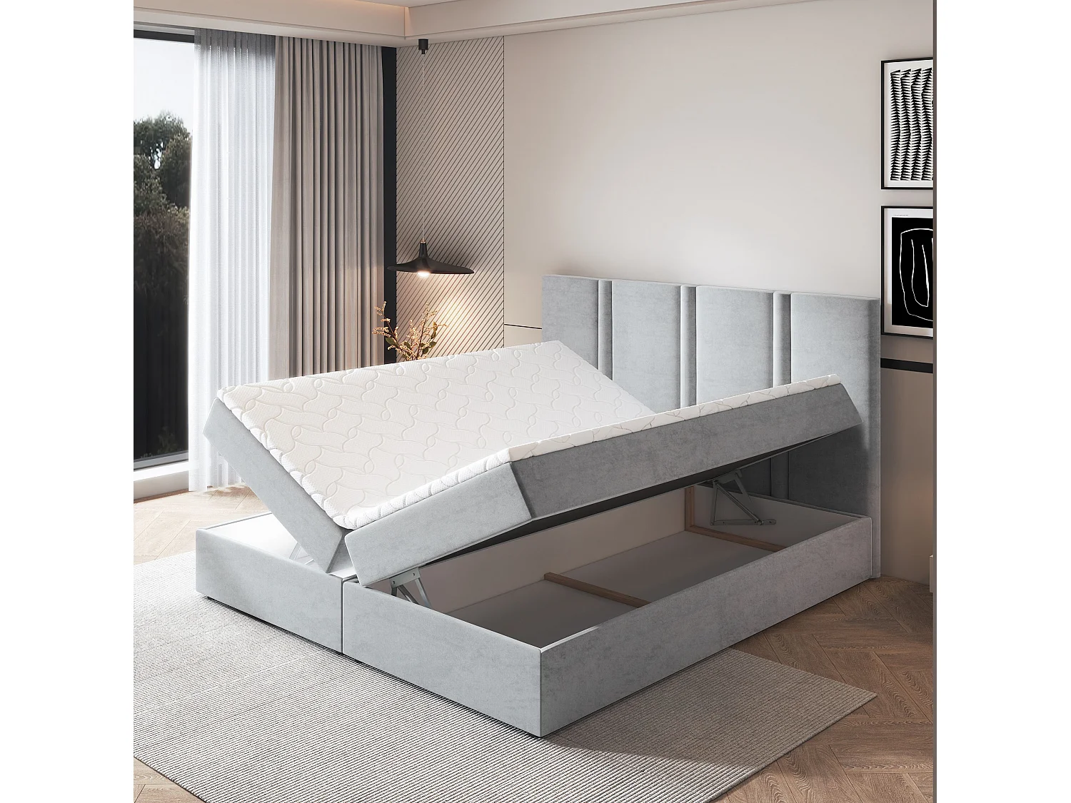 Lit continental LARIO, 140x200 cm, Tissu pelucheux, Gris clair