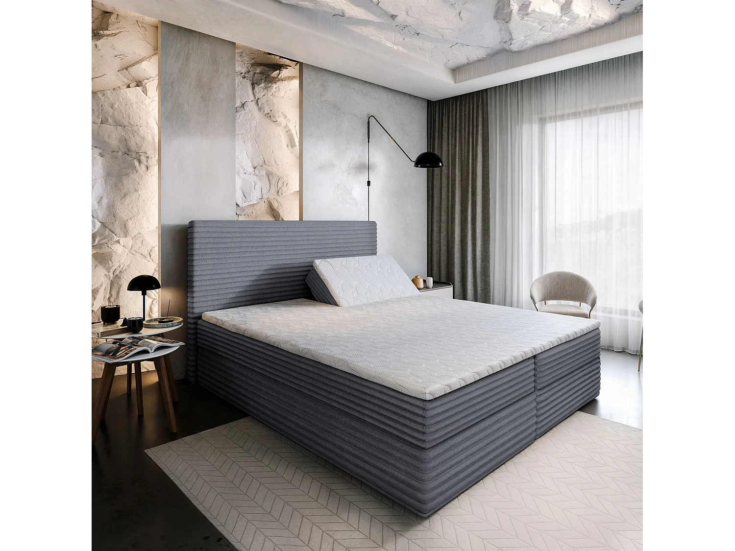 Boxspringbed MILARA 180x200 cm Set met hoofdbord, bedbodem en matras, Grijs