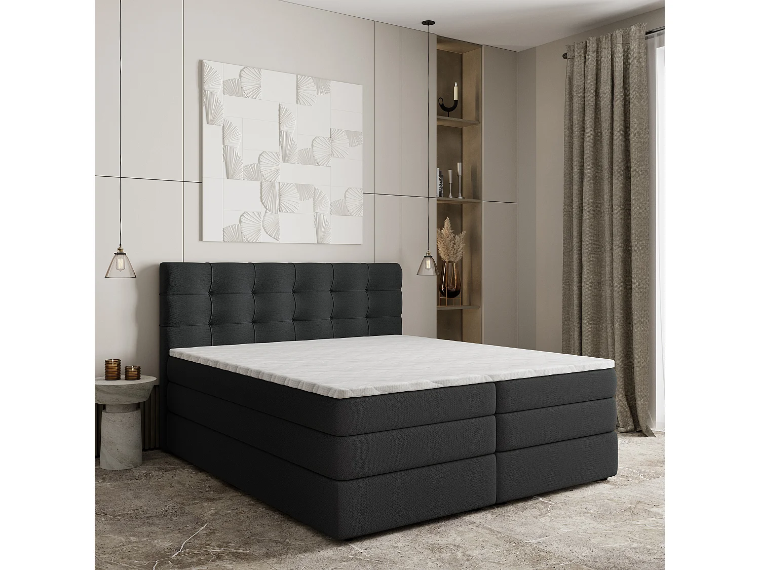 Lit continental AREZI, 140x200 cm, Tissu tressé, Noir