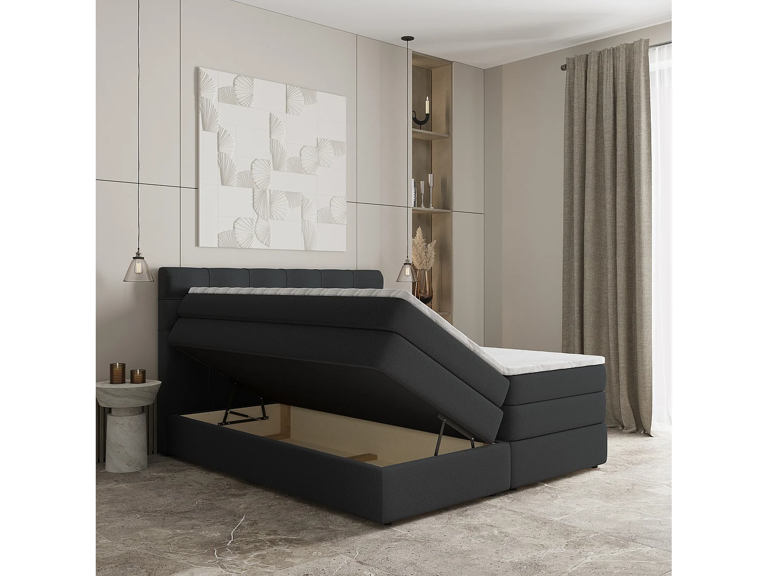 Lit continental AREZI, 140x200 cm, Tissu tressé, Noir