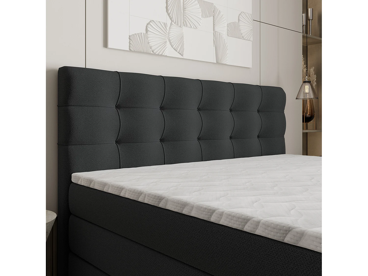 Lit continental AREZI, 140x200 cm, Tissu tressé, Noir