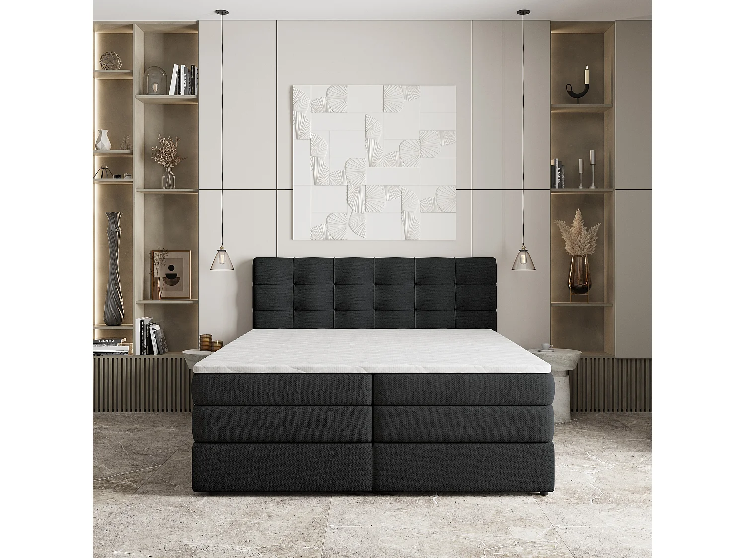 Lit continental AREZI, 140x200 cm, Tissu tressé, Noir