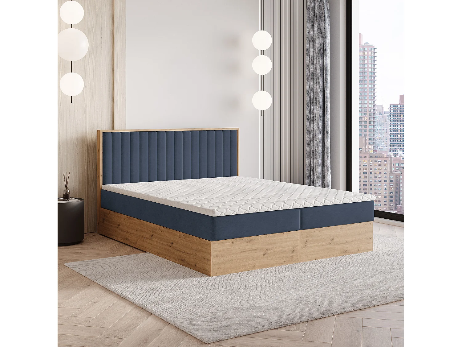 Lit continental VARELI, 140x200 cm, Tissu tressé, Bleu