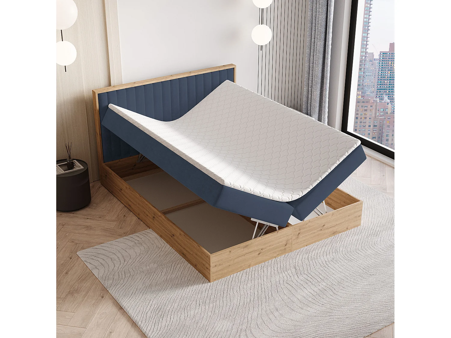 Lit continental VARELI, 140x200 cm, Tissu tressé, Bleu
