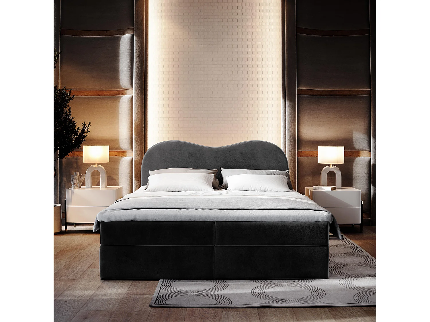 Boxspringbed FLUVIA 160x200 cm Set met hoofdbord, bedbodem en matras, Zwart