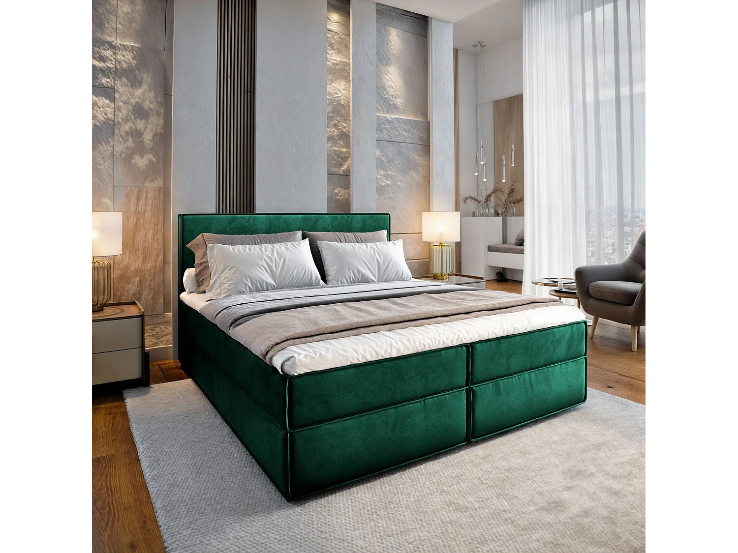 Lit continental PELLIO, 140x200 cm, Tissu velours, Vert