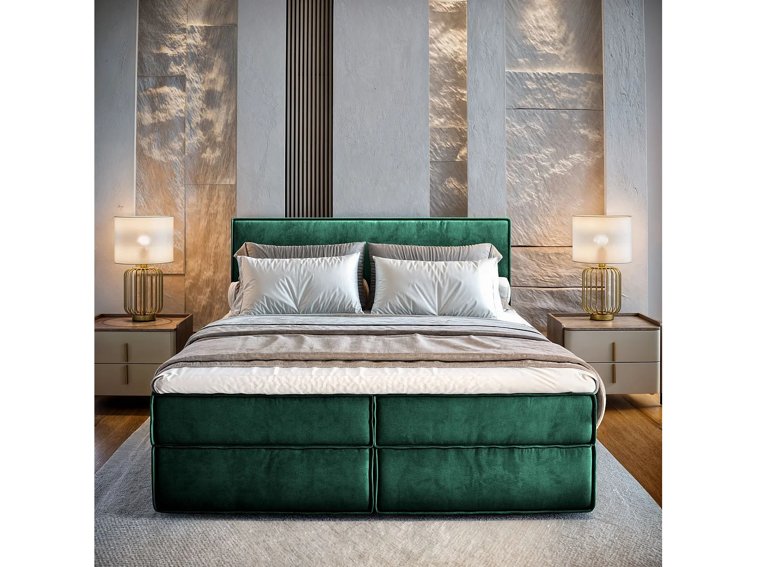 Lit continental PELLIO, 140x200 cm, Tissu velours, Vert