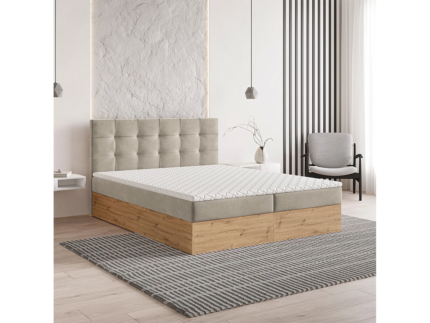 Lit continental MOLVEN, 160x200 cm, Tissu tressé, Beige