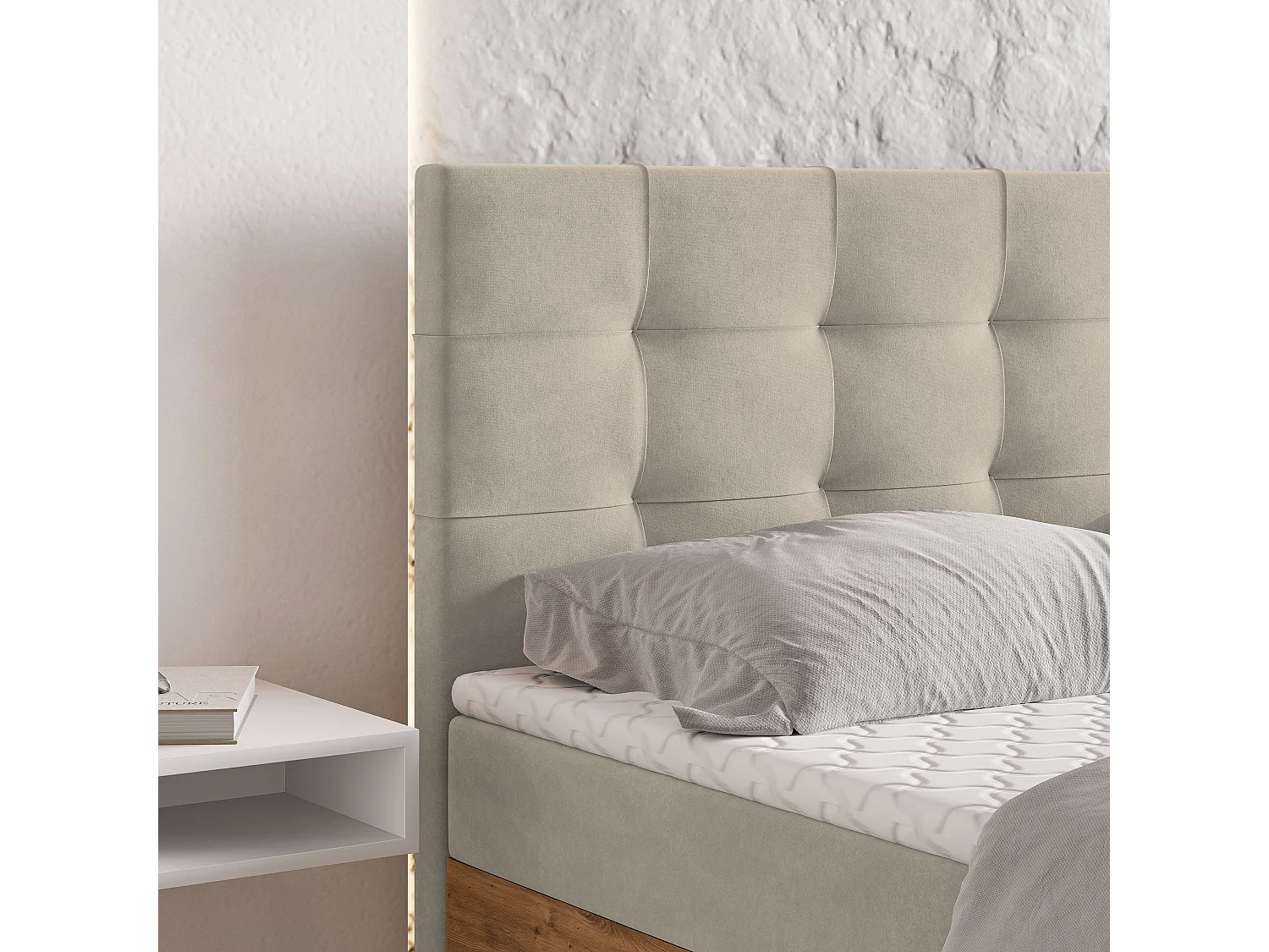 Lit continental MOLVEN, 160x200 cm, Tissu tressé, Beige