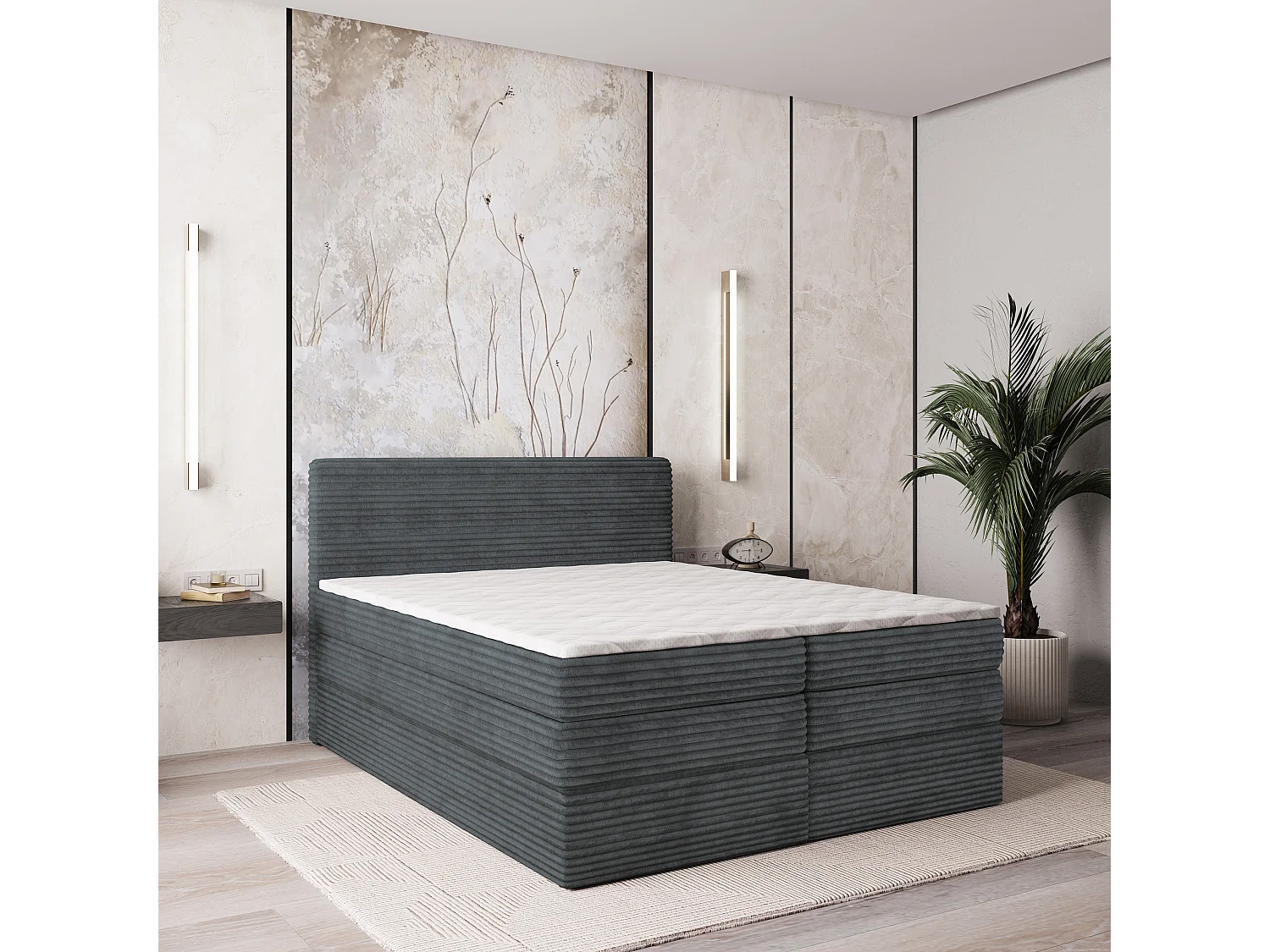 Lit continental LUNERA, 180x200 cm, Tissu en velours côtelé, Gris