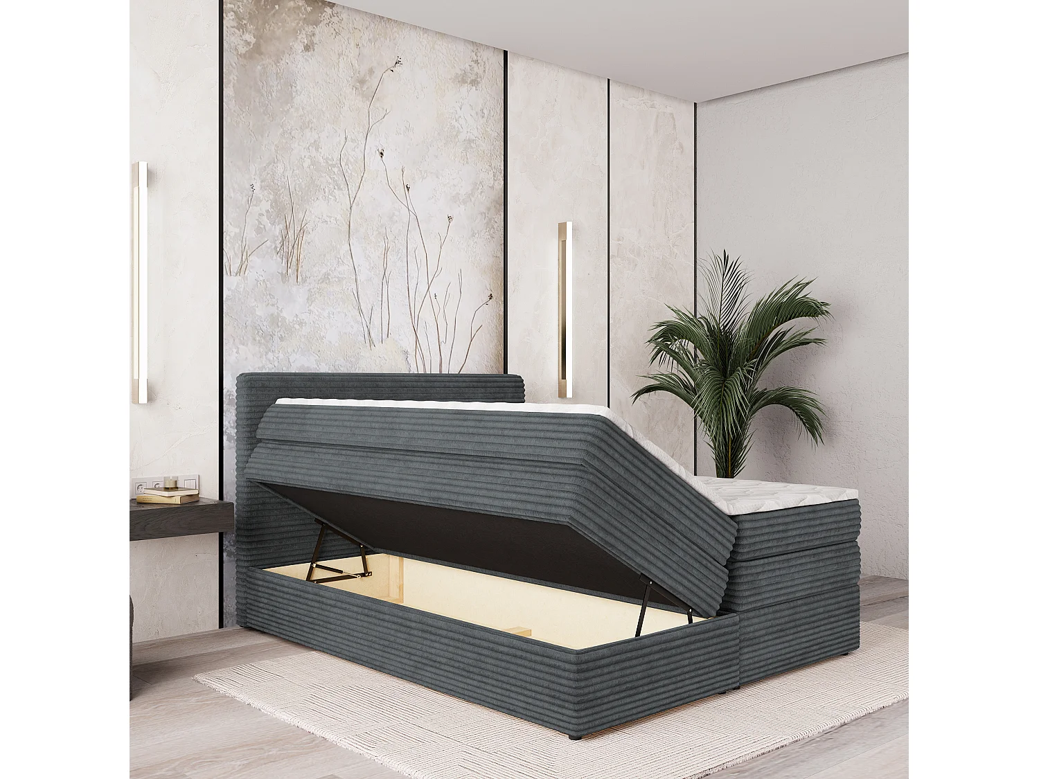 Lit continental LUNERA, 180x200 cm, Tissu en velours côtelé, Gris