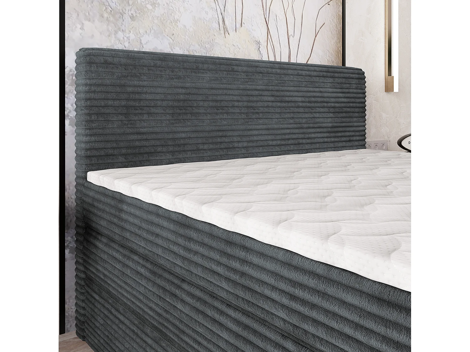 Lit continental LUNERA, 180x200 cm, Tissu en velours côtelé, Gris