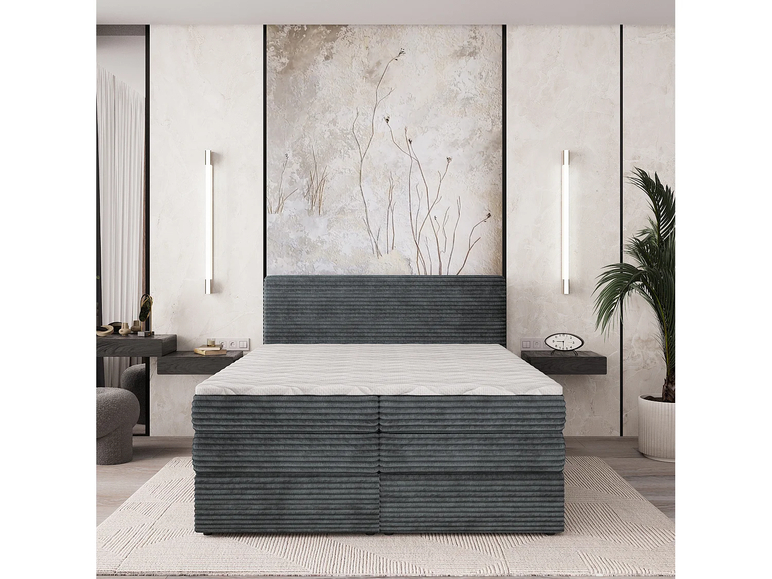 Lit continental LUNERA, 180x200 cm, Tissu en velours côtelé, Gris