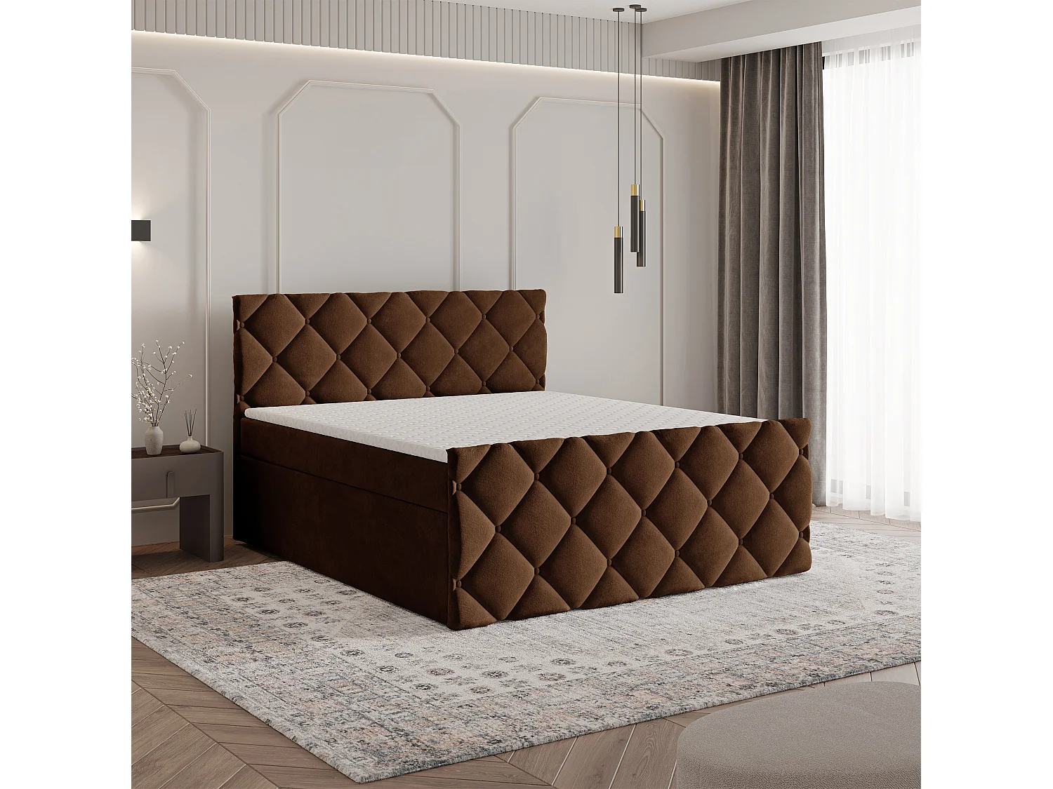 Lit continental ROVARI, 140x200 cm, Tissu pelucheux, Marron