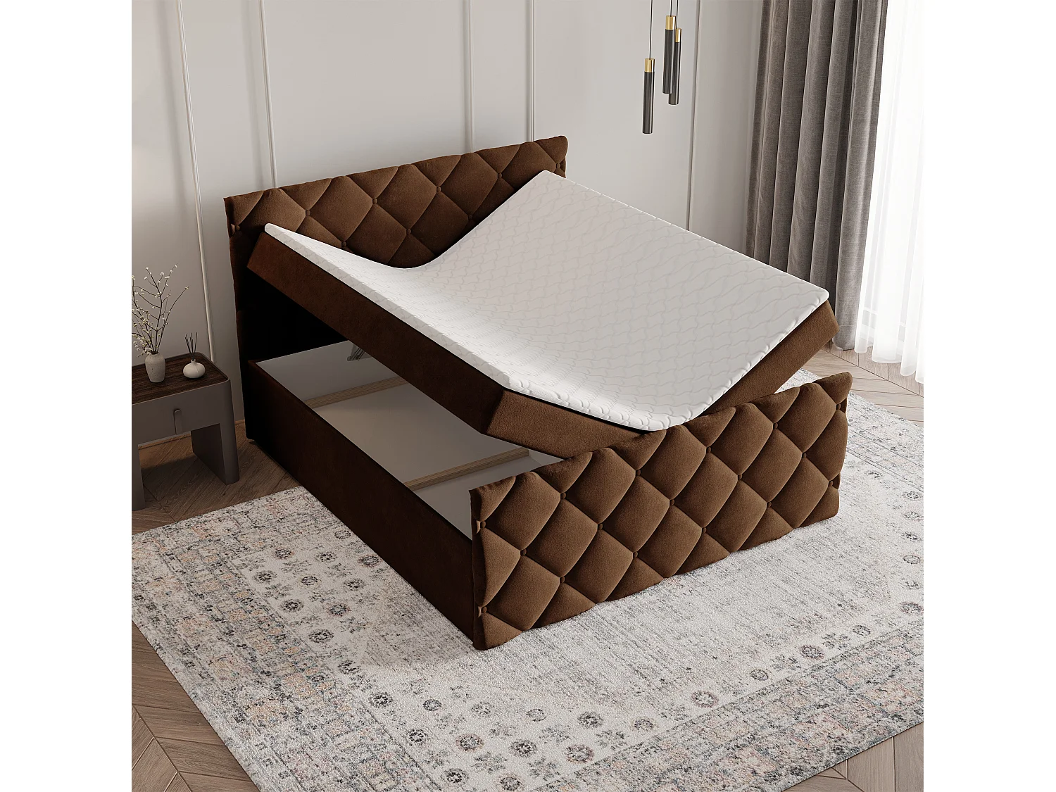 Lit continental ROVARI, 140x200 cm, Tissu pelucheux, Marron