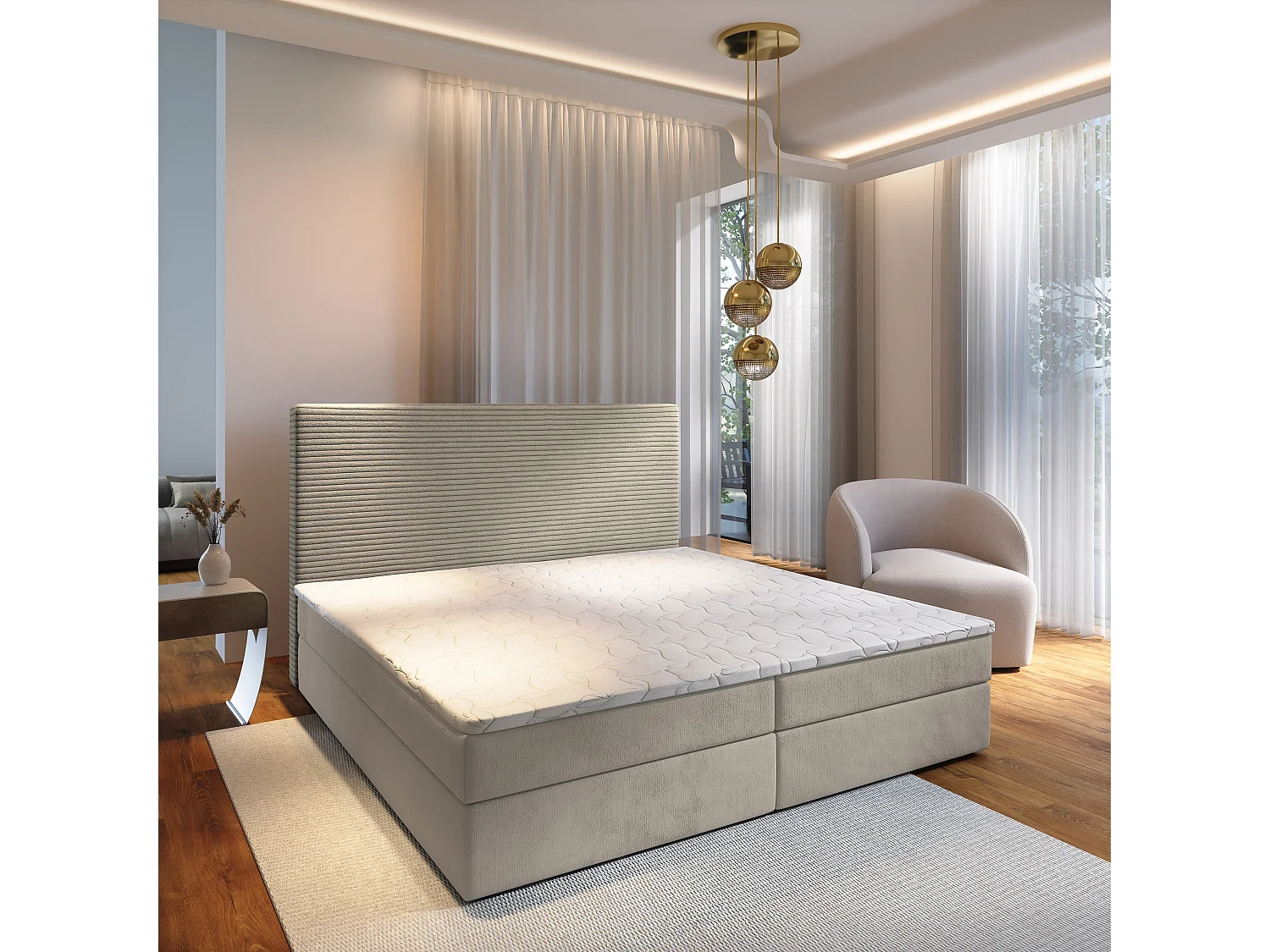 Boxspringbed GIARRO 140x200 cm Set met hoofdbord, bedbodem en matras, Beige