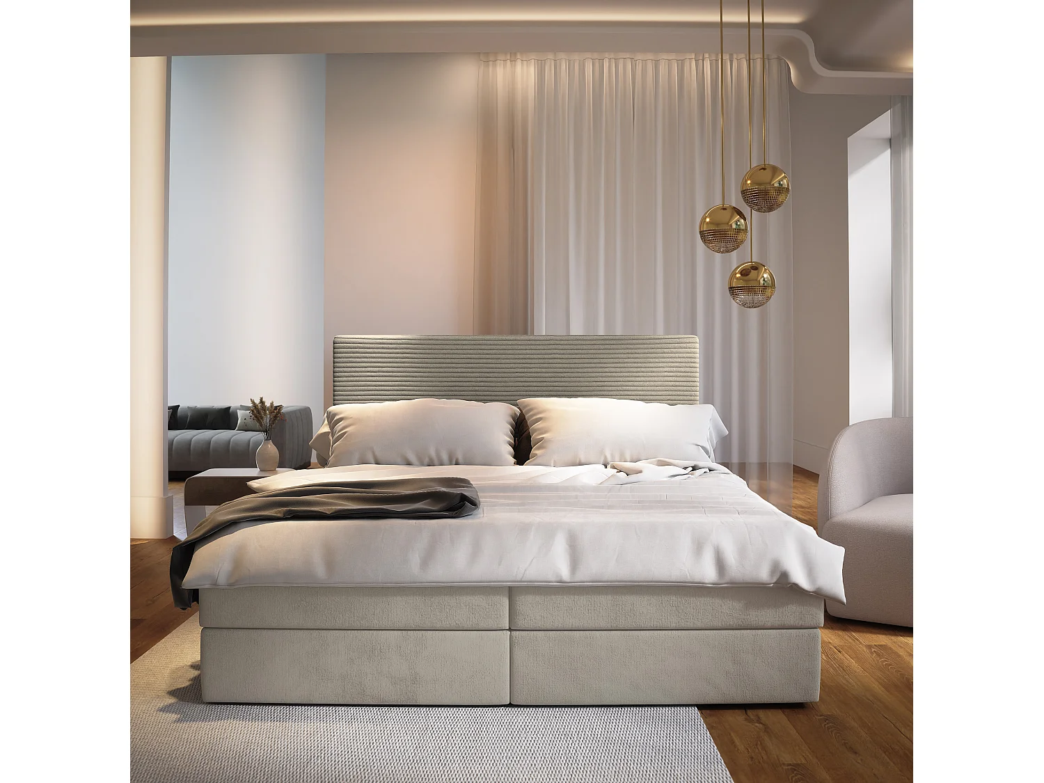 Boxspringbed GIARRO 140x200 cm Set met hoofdbord, bedbodem en matras, Beige
