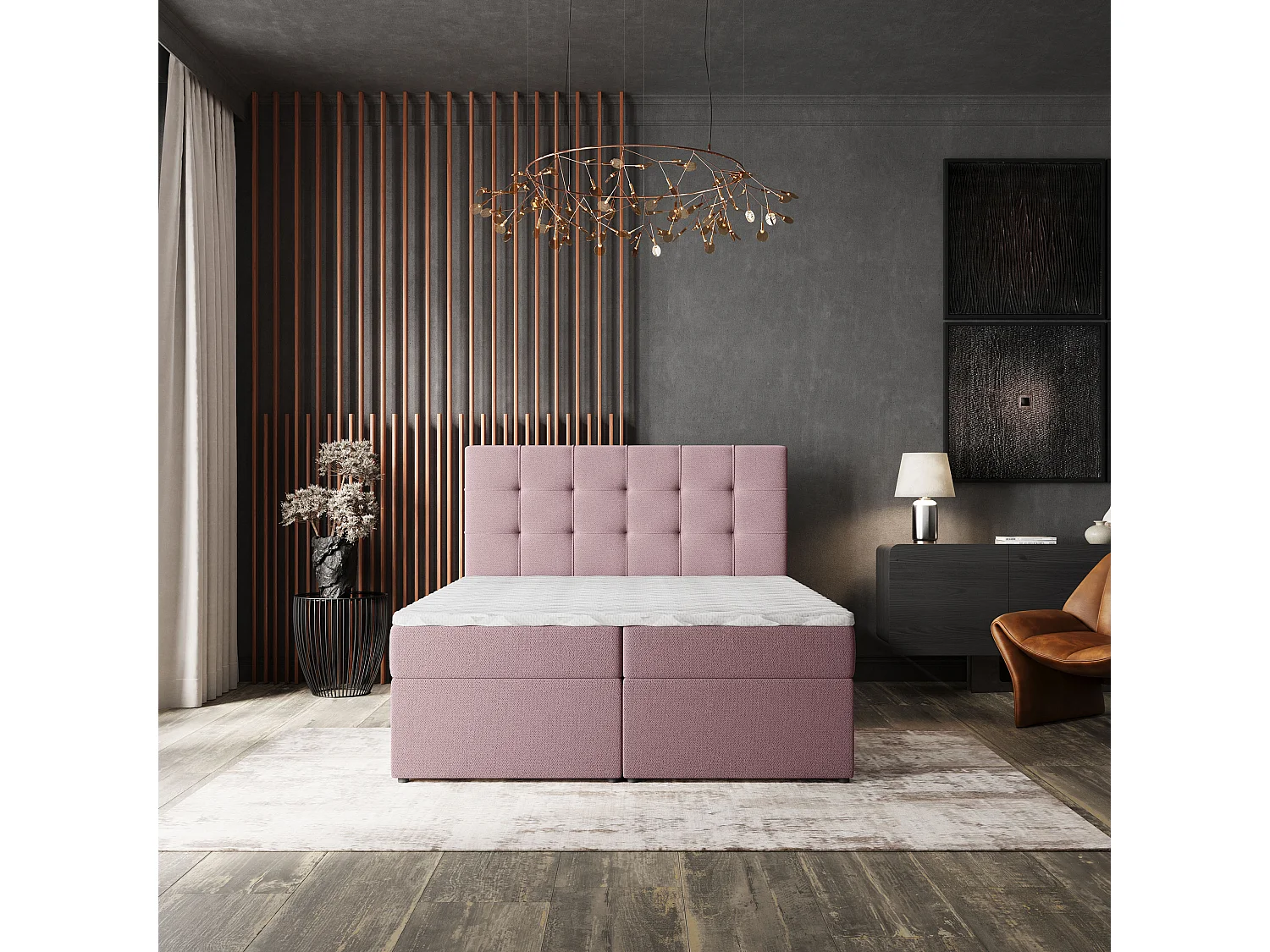 Lit continental PALMA, 180x200 cm, Tissu tressé, Rose