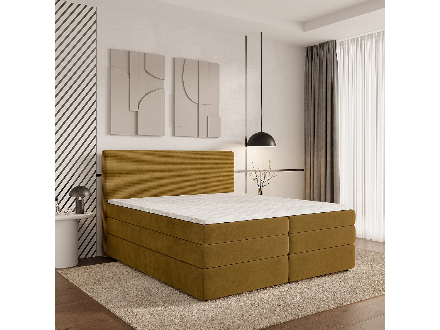 Lit continental MATERN, 180x200 cm, Tissu pelucheux, Jaune