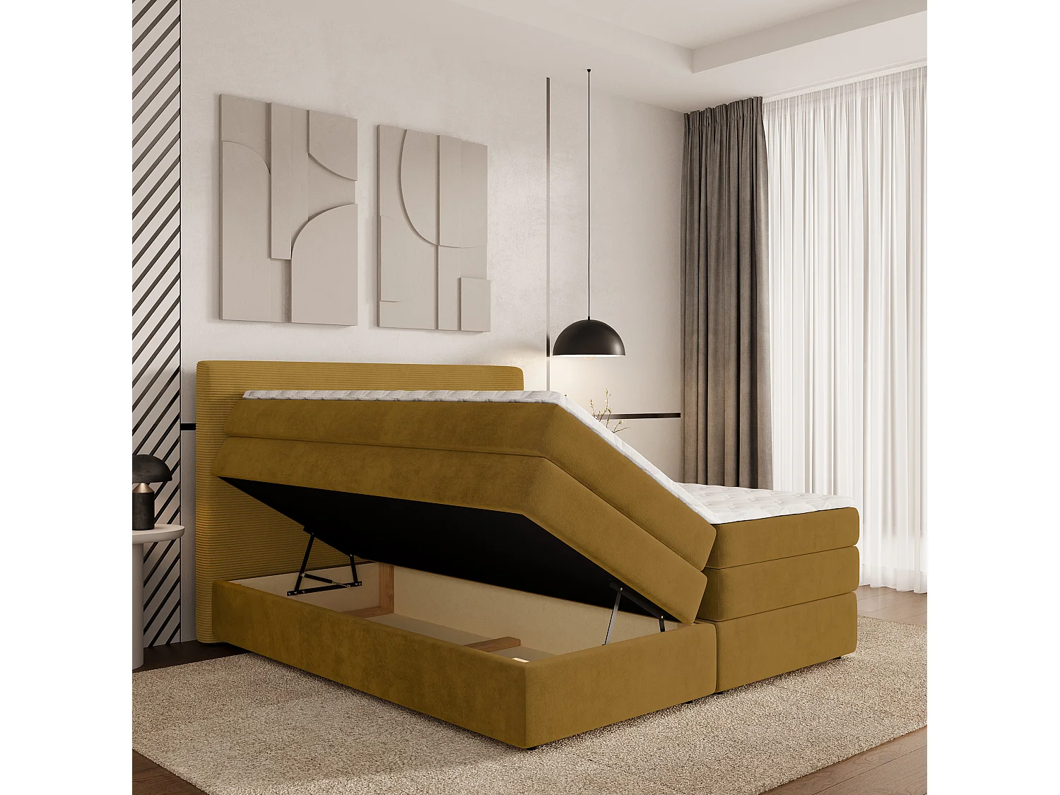 Lit continental MATERN, 180x200 cm, Tissu pelucheux, Jaune