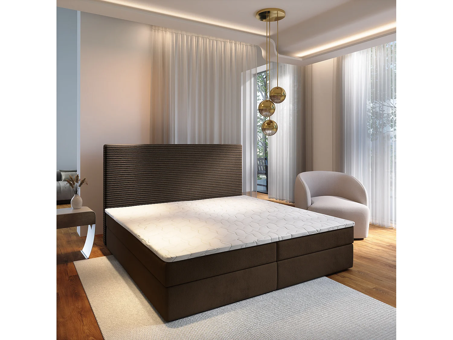 Lit continental GIARRO, 160x200 cm, Tissu pelucheux, Marron